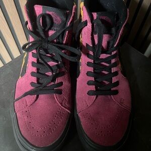 Vans High-Top Suede Sneakers in Magenta and Black with Yellow Accent